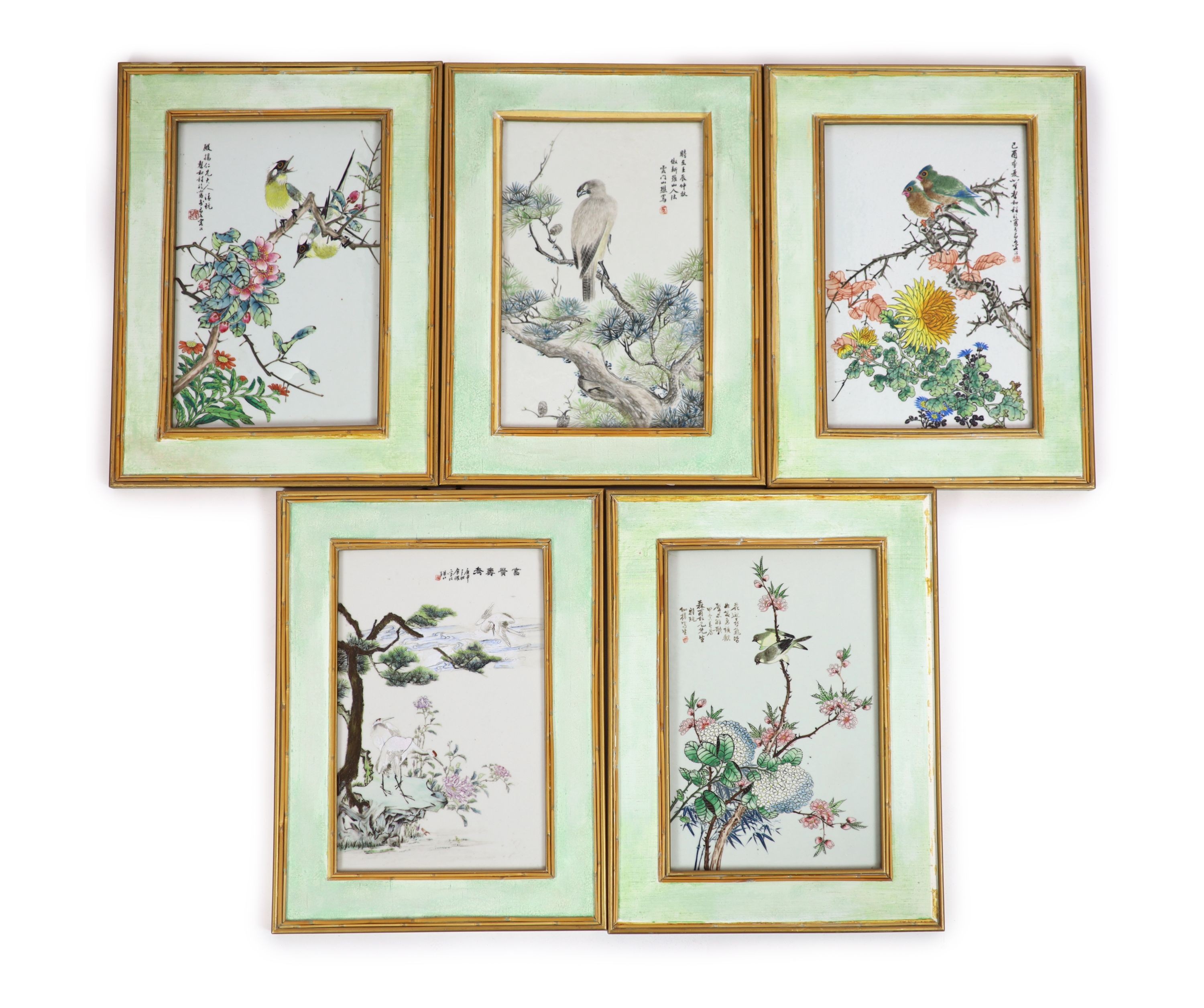 An assembled set of five Chinese enamelled porcelain ‘bird’ plaques, early - mid 20th century, each 38cm x 25cm, in similar mounts and frames
